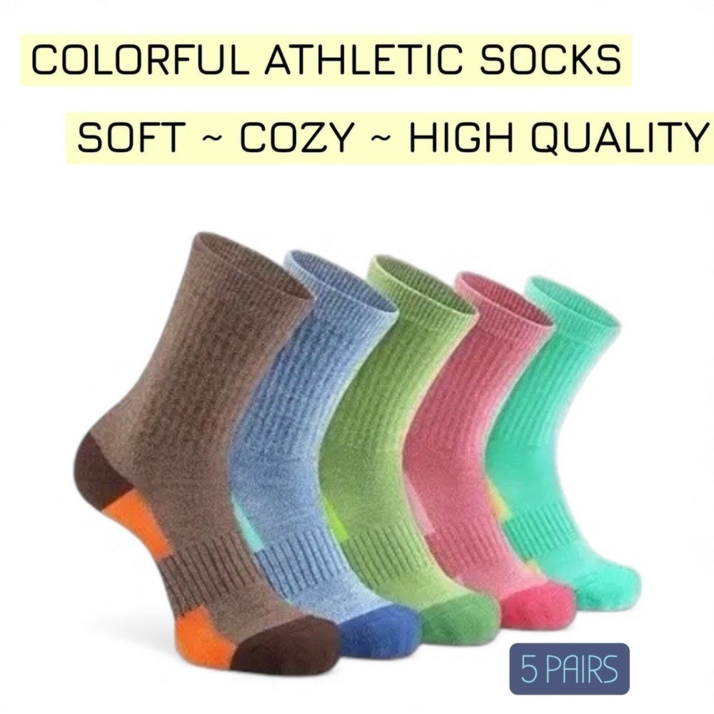 Colorful Athletic Women's Socks 5 PACK Crew Mid Calf High Quality ONE SIZE NEW